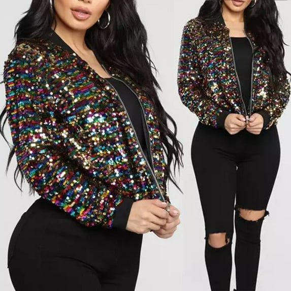 Women Sequin Baseball Jacket Zip Coat Stage Show Dance Outwear Long Sleeve #01 XXL YIWEI