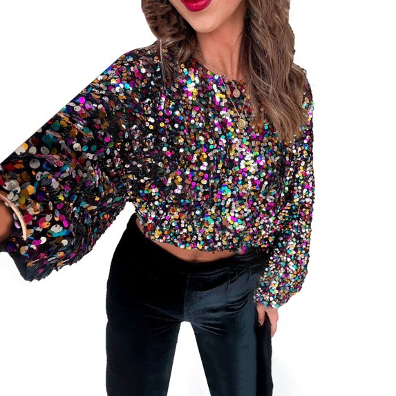 Women Sequin Baseball Jacket Zip Coat Stage Show Dance Outwear Long Sleeve #02 XXL YIWEI
