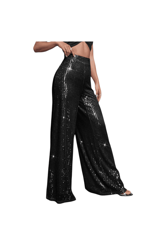 Women Sequin Bell Bottom Pants Glitter Sparkle High Waist Wide Leg Trousers Night Out Clubwear