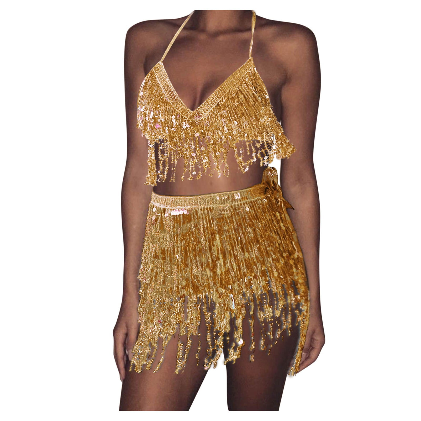 Gold Sequin and Beaded Fringe Bra and Skirt Set with Matching