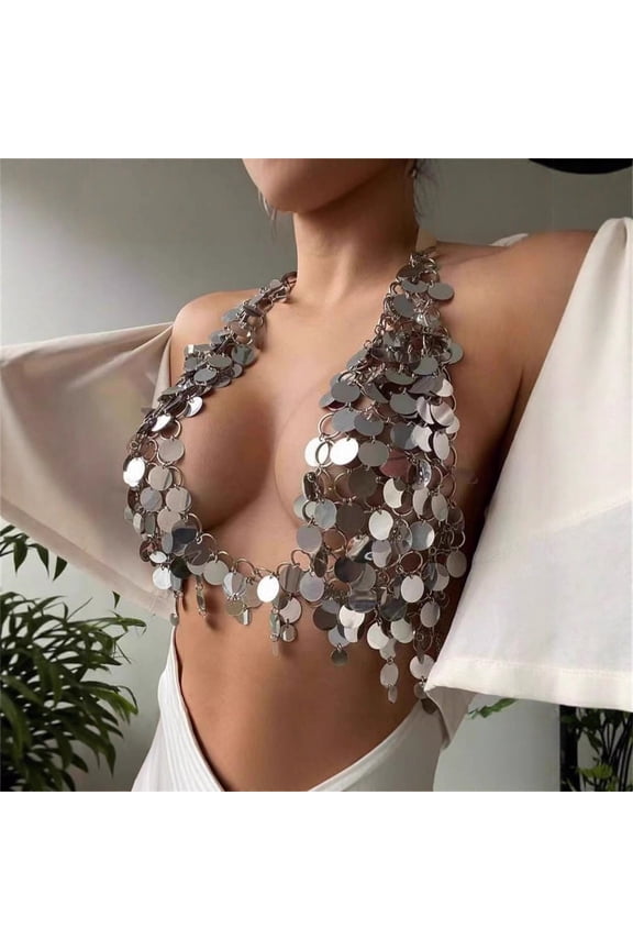 Women Sequin Body Chain Top Sliver Sparkly Dots Disco Halter Bra Chain Tops Nightclub Hearts Chain Crop Top Silver