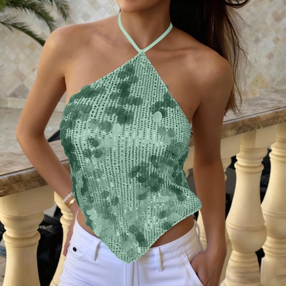 Women Sequin Cami Tops Sleeveless Tie Back Backless Tank Camisole Sparkly Party Going out Cropped Tops Green M