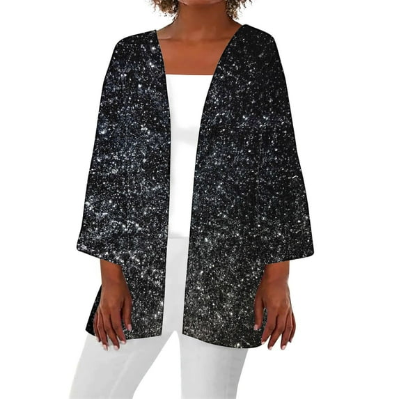 Women Sequin Cardigan Lightweight Bolero Shrug Jacket 3/4 Sleeve Open Front Knit Coverups Glitter Sparkly Clubwear