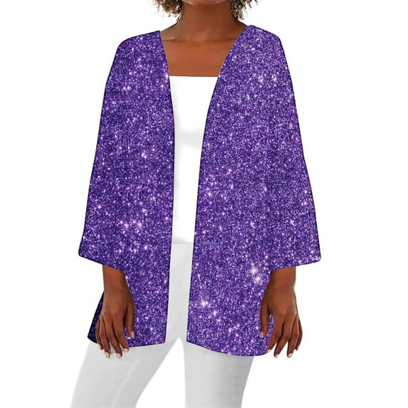 Women Sequin Cardigan Lightweight Bolero Shrug Jacket 3/4 Sleeve Open Front Knit Coverups Glitter Sparkly Clubwear