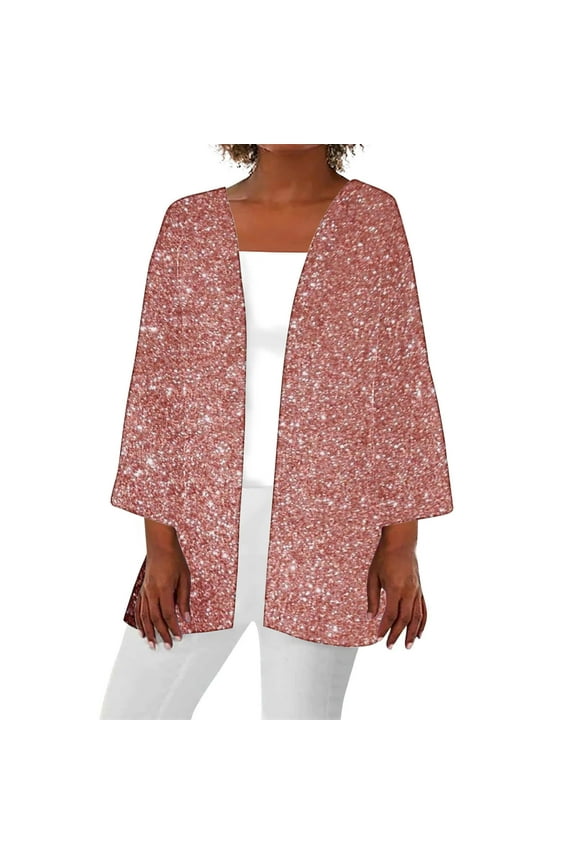 Women Sequin Cardigan Lightweight Bolero Shrug Jacket 3/4 Sleeve Open Front Knit Coverups Glitter Sparkly Clubwear