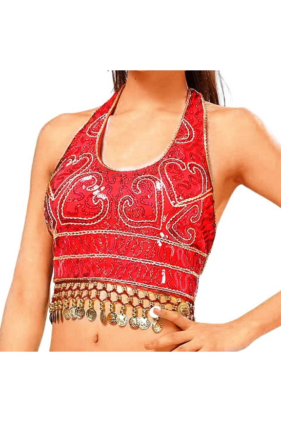 Women Sequin Crop Top Belly Dance Bra Talter Tank Tassel Elegant Shiny Performance Wear