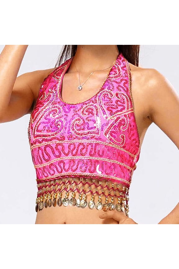 Women Sequin Crop Top Belly Dance Bra Tassel Tank Party Performance Shiny Sparkling Comfortable Stretchy Fashionable