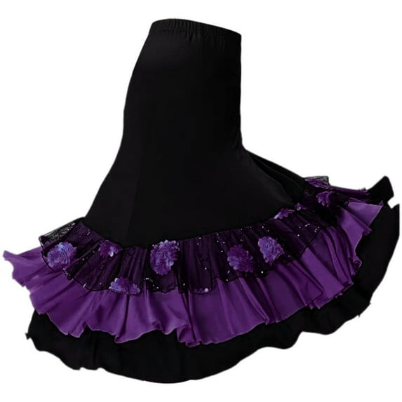 Women Sequin Flower Embroidered Skirt Flamenco Ballroom Practice Dress Big Swing Skirts Dance Performance Skirt for Women Girls