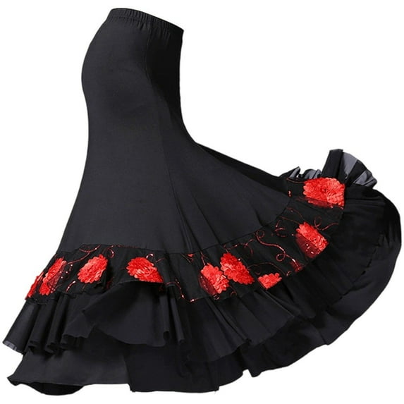 Women Sequin Flower Embroidered Skirt Flamenco Ballroom Practice Dress Big Swing Skirts Dance Performance Skirt for Women Girls