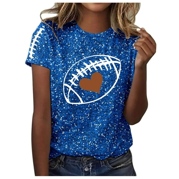 Women Sequin Football T Shirts Game Day Heart Graphic Short Sleeve Crewneck Tops Trendy Casual Summer Classic Fit Tees Z001-Blue L