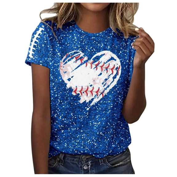 Women Sequin Football T Shirts Game Day Heart Graphic Short Sleeve Crewneck Tops Trendy Casual Summer Classic Fit Tees Z002-Blue M