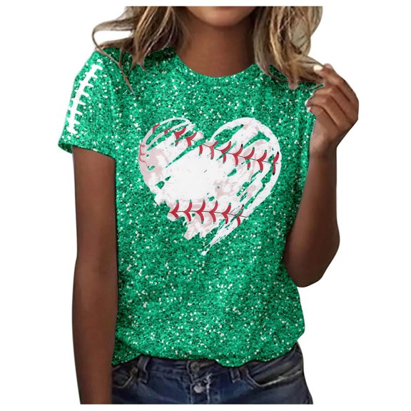 Women Sequin Football T Shirts Game Day Heart Graphic Short Sleeve Crewneck Tops Trendy Casual Summer Classic Fit Tees Z002-Green M