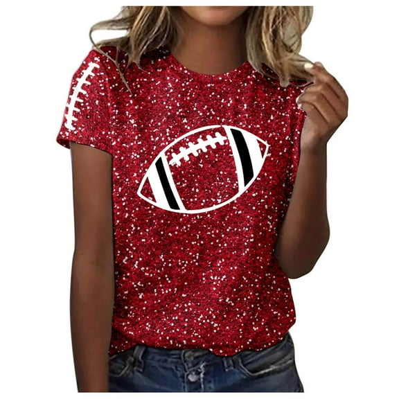 Women Sequin Football T Shirts Game Day Heart Graphic Short Sleeve Crewneck Tops Trendy Casual Summer Classic Fit Tees Z003-Red M