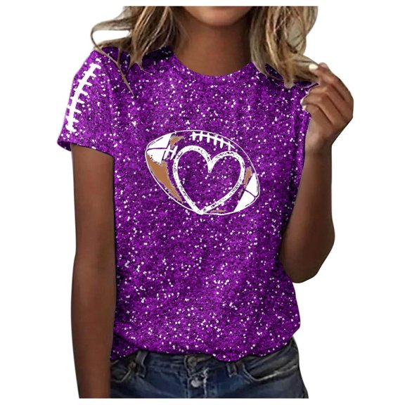 Women Sequin Football T Shirts Game Day Heart Graphic Short Sleeve Crewneck Tops Trendy Casual Summer Classic Fit Tees Z006-Purple M
