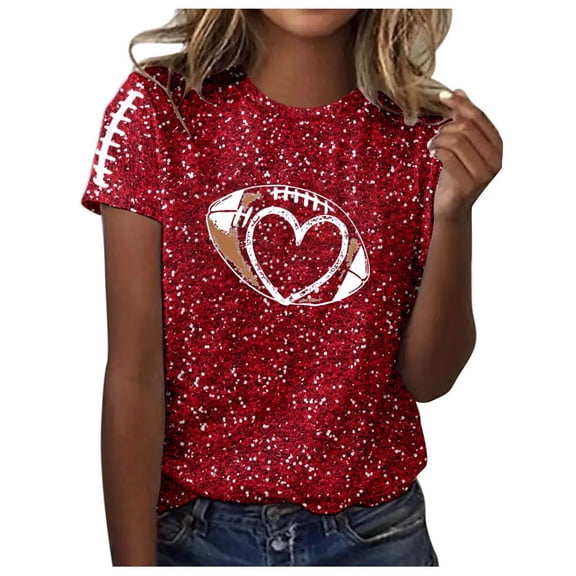 Women Sequin Football T Shirts Game Day Heart Graphic Short Sleeve Crewneck Tops Trendy Casual Summer Classic Fit Tees Z006-Red M