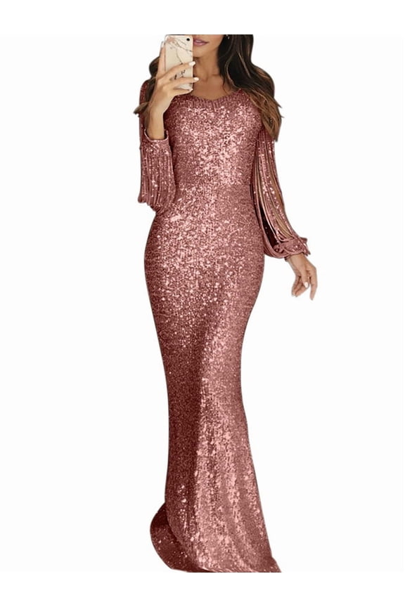 Women Sequin Formal Evening Party Dress Sweatheart Bodycon Long Sleeve Maxi Gown Pink L