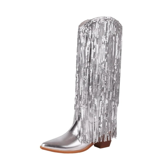 Women Sequin Fringe Cowboy Boots Sequin Knee High Cowboy Boots Wide Calf Pointed Toe Chunky Booties Mid Heel Fashion Dress Booties Comfy Sexy Party Shoes