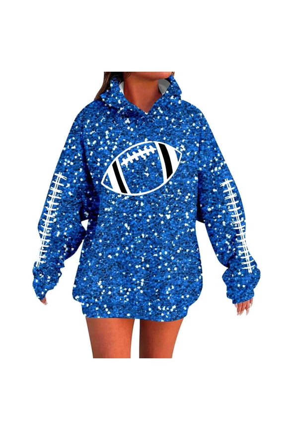 Women Sequin Graphic Print Hooded Sweatshirt Long Sleeve Casual Pullover Football Game Day Event Top