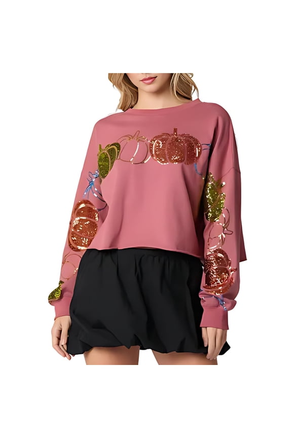 Women Sequin Halloween Sweatshirts Long Sleeve Sparkle Glitter Pumpkin Ghost Halloween Ugly Pullover Blush Color XXL