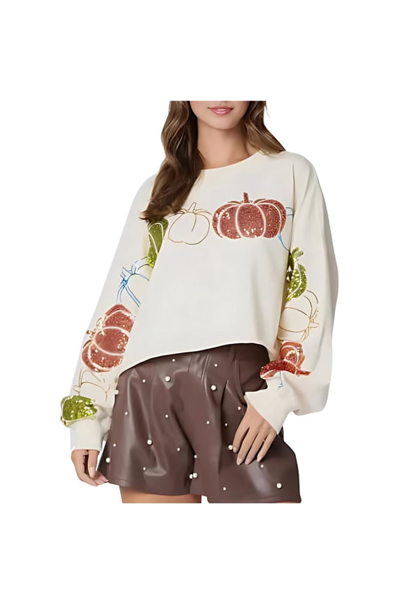 Women Sequin Halloween Sweatshirts Long Sleeve Sparkle Glitter Pumpkin Ghost Halloween Ugly Pullover Milky White XL