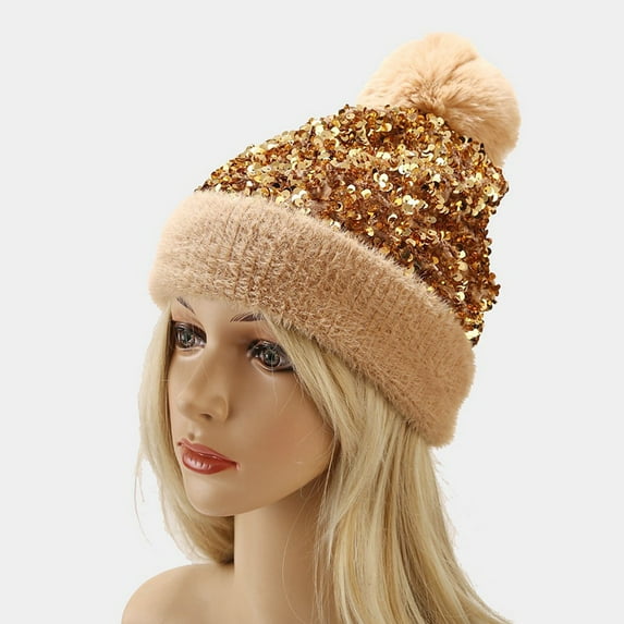 Women Sequin Hat Warm Solid Knit Hat Removable Hairball Wool Hat Trappers with Strap Cold Hats And Check Hat Winter Hats Mens Cool Weather Hat Hats with Ears Cold Gear Head Clementine Hat And Plaid