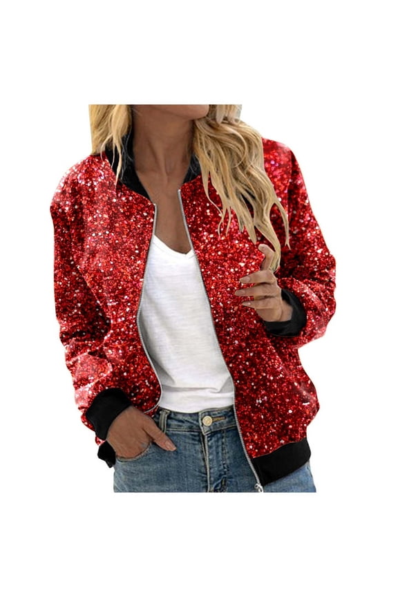 Women Sequin Jacket Coats 2026 Full Sequin Jacket Zip Up Long Sleeve Sparkly Glitter Lightweight Fasion Outerwear Coat