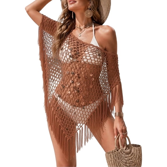 Women Sequin Knit Triangle Shawl Asymmetric Tassel Cape Beach Swimwear Cover Up,Brick Red,M