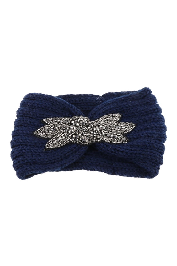 Women Sequin Knitted Hairband Flower Rhinestone Beaded Ear Warmer Wide Head Wrap