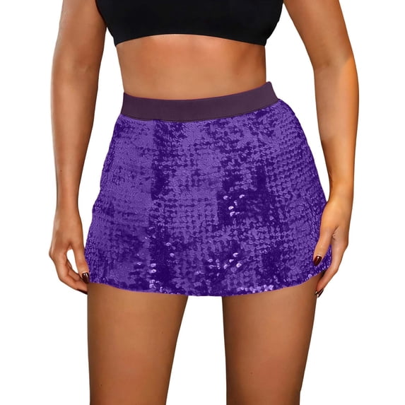 Women Sequin Mini Skirt Elastic Waist Sparkly Bodycon Party Clubwear Short Skirt,Purple,One Size