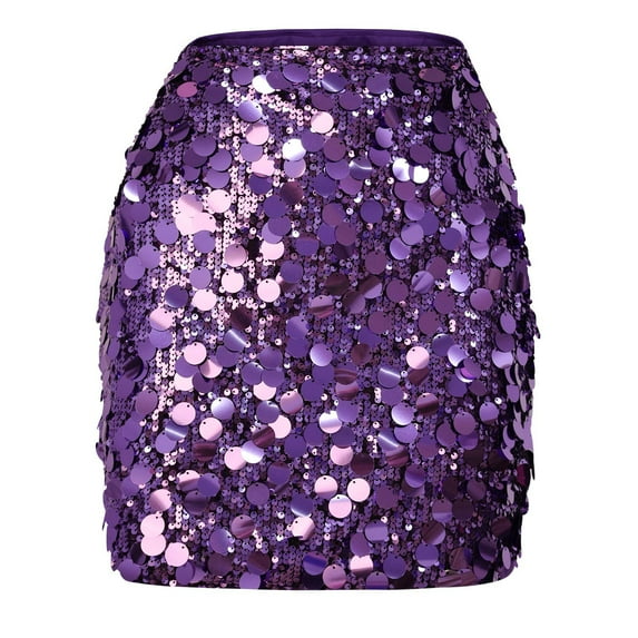 Women Sequin Mini Skirt Summer High Waist Short Skirt Glitter Shiny Bodycon Skirt Night out Party Purple L