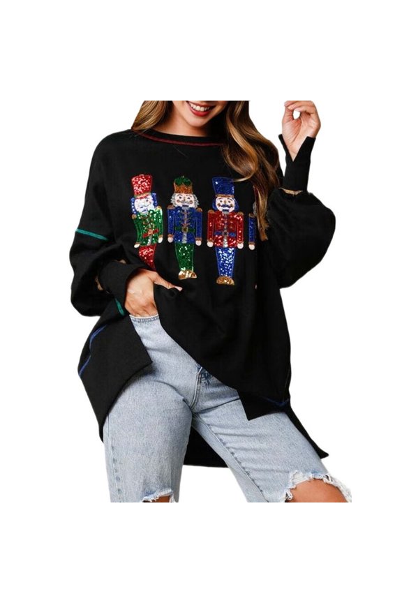Women Sequin Nutcracker Sweatshirt Cute Holiday Oversized Pullover Sparkly Christmas Long Sleeve Crewneck Shirt Black L