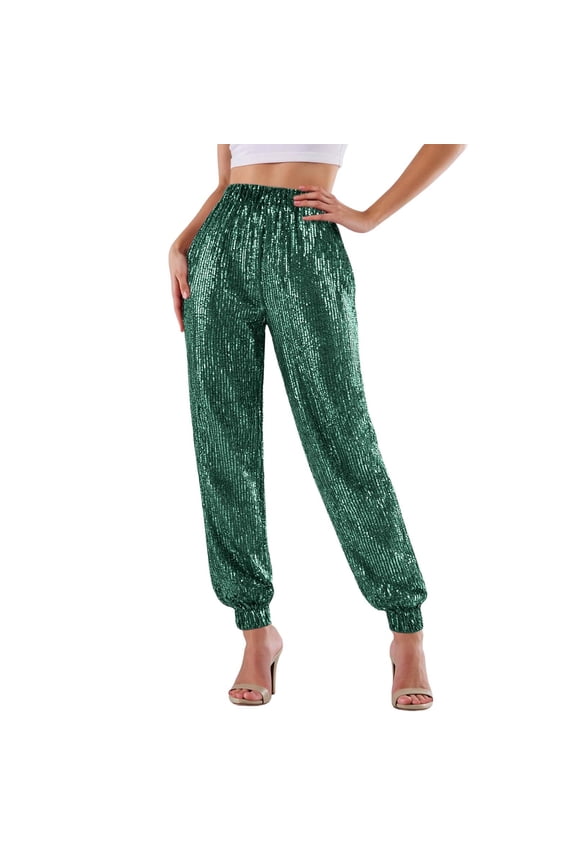 Women Sequin Pants Green Glitter Outfits High Waisted Straight Leg Holiday Pants 70'S Outfits for Women