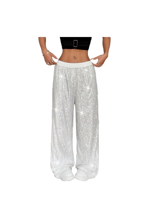 Women Sequin Pants Wide Leg Sparkly Glitter Elastic Waisted Palazzo Pants Shiny Party Trousers Night Out Clubwear Silver M