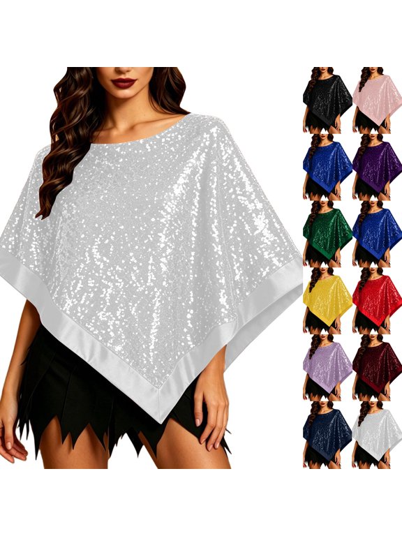 Women Sequin Poncho Shawl, Sparkly Glitter Triangle Cape Top Satin Trim Loose Cover Up for Evening Party Wedding Prom Holiday Costume, Multiple Solid Colors Available White