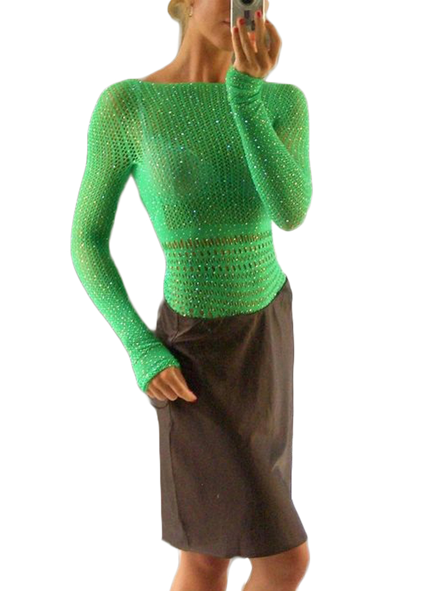 Women Sequin Rhinestone Mesh Sexy Bodysuits Long Sleeve See Through