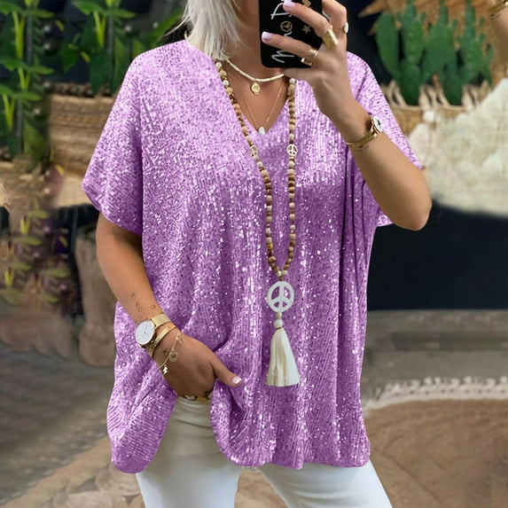Women Sequin Shirt Plus Size Tops Short Sleeve Tshirts Loose Tunic Tee Shirts Crewneck Outfit