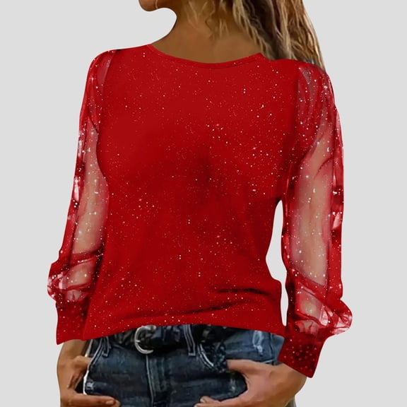 Women Sequin Shirts Sparkly Tees Mesh Long Sleeve Round Neck Dressy Casual Elegant Tops Party Blouse Red M