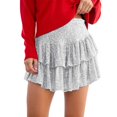 thumbnail image 1 of Women Sequin Skirts High Waist Tiered Sparkly Fashion Solid Color Pleated Ruffle Glitter Layered Shiny Mini Skirt Stylish Night Out Party Club Dancewear Trendy Clothes, 1 of 4