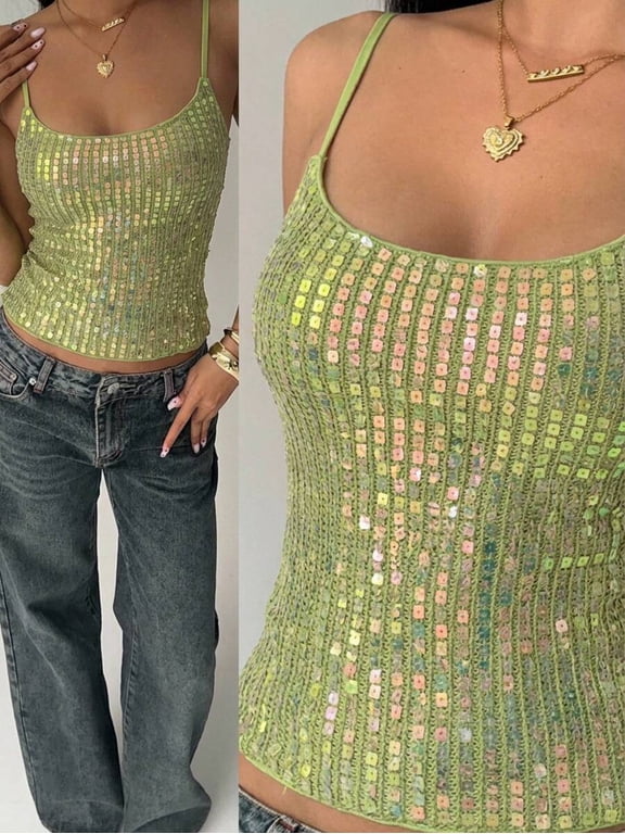 Women Sequin Spaghetti Strap Camisole Top, Slim Fit Crop Tank for Festival Concert Vacation Outfits