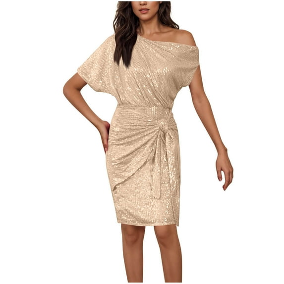 Women Sequin Sparkly Glitter Party Club Knee Length Dress One Shoulder Ruched Self Tie Knot Cocktail Bodycon Dresses