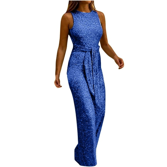 Women Sequin Sparkly Jumpsuits Sexy Sleeveless Elegant Shiny Wide Leg Belted Long Pants Rompers Club Night Outfits Womens Clothes