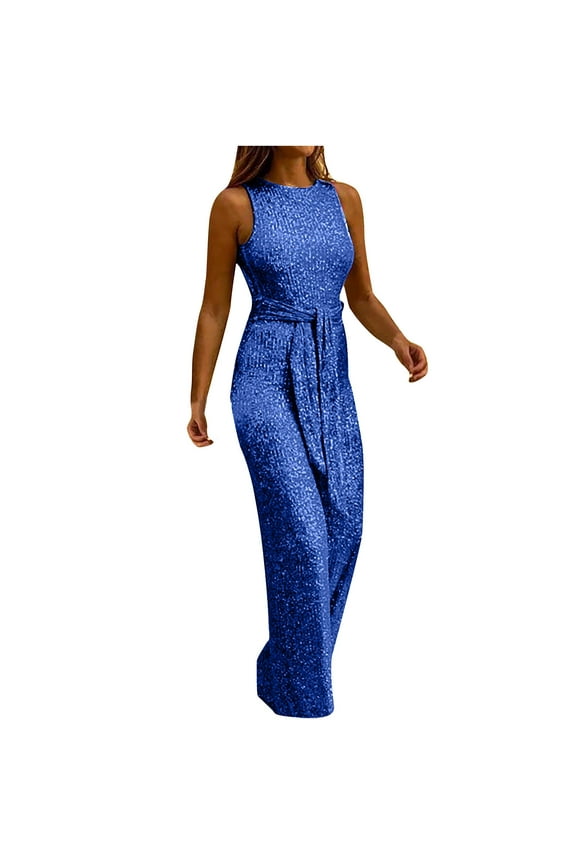 Women Sequin Sparkly Jumpsuits Sleeveless Elegant Shiny Wide Leg Belted Long Pants Rompers Club Night Outfits