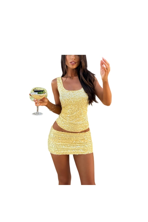 Women Sequin Tank Top and Mini Skirt Set 2 Piece Outfit Shiny Beaded Party Outfit