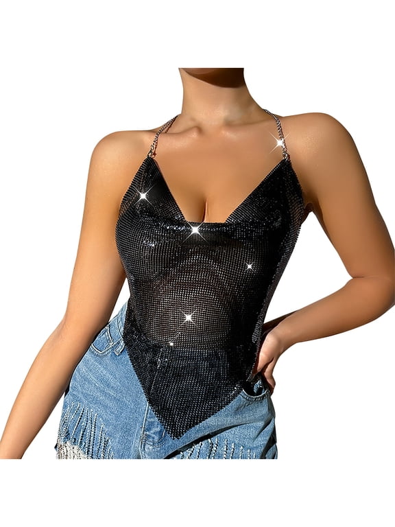 Women Sequin Tank Tops Triangle Bikini Halter Neck Bra Chain Tops Body Chain Top Glitter Sexy Vest Sliver Sparkly Dots Disco Nightclub Circle Chain Crop Top for Cocktail, Party, Club