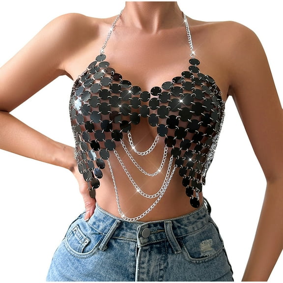 Women Sequin Tank Tops Triangle Bikini Halter Neck Bra Chain Tops Body Chain Top Glitter Sexy Vest Sliver Sparkly Dots Disco Nightclub Circle Chain Crop Top for Cocktail, Party, Club