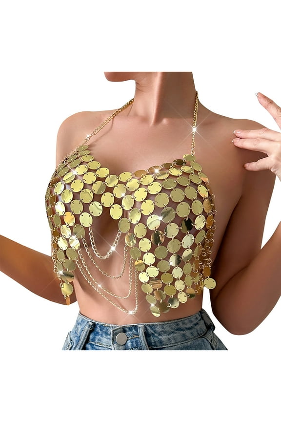 Women Sequin Tank Tops Triangle Bikini Halter Neck Bra Chain Tops Body Chain Top Glitter Sexy Vest Sliver Sparkly Dots Disco Nightclub Circle Chain Crop Top for Cocktail, Party, Club