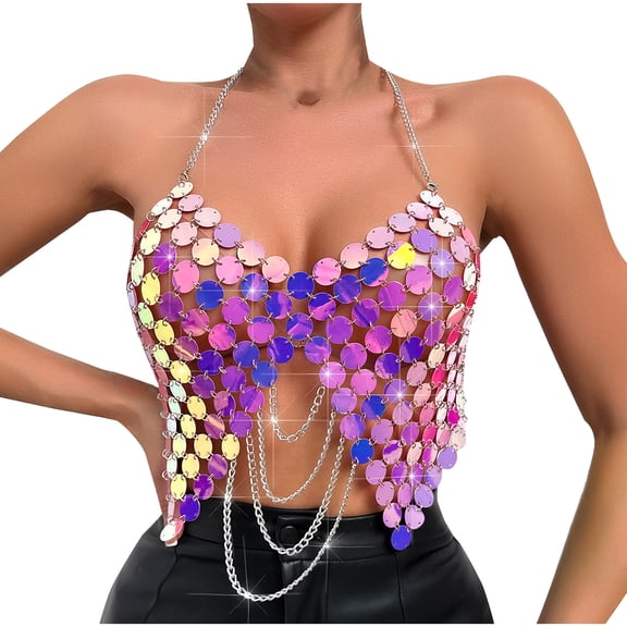 Women Sequin Tank Tops Triangle Bikini Halter Neck Bra Chain Tops Body Chain Top Glitter Sexy Vest Sliver Sparkly Dots Disco Nightclub Circle Chain Crop Top for Cocktail, Party, Club
