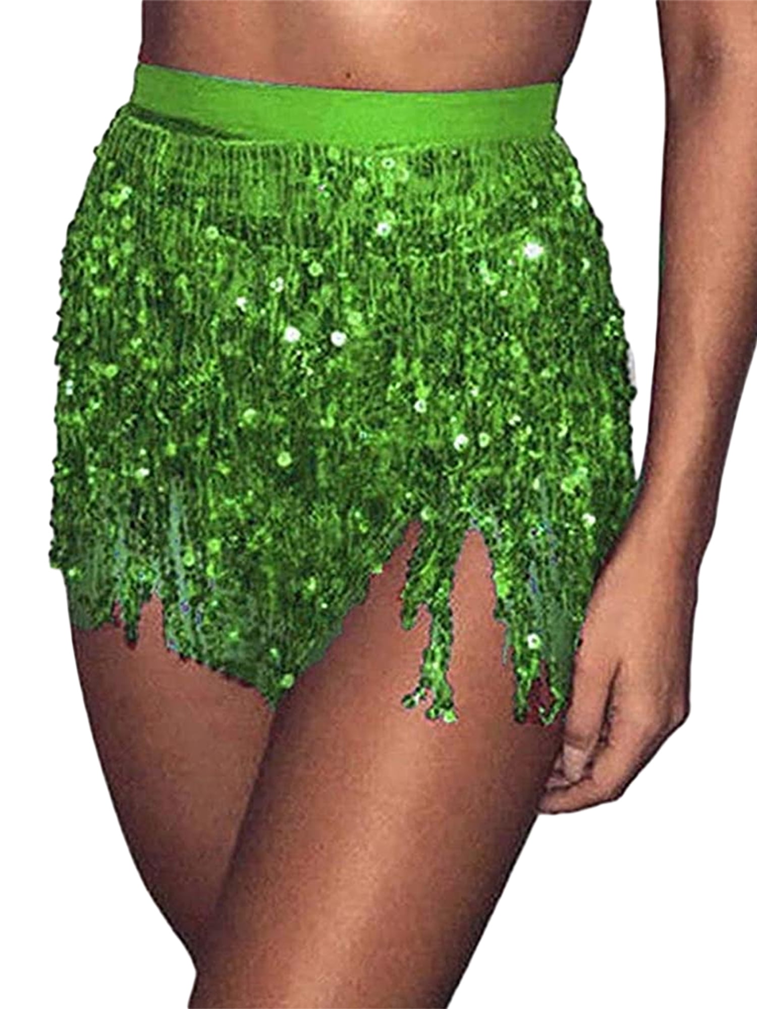 Women Sequin Tassel Tutu Skirt Rave Fringe Belly Dance Hip Scarf Wrap Skirt  Club Mini Skirt Green - Walmart.com