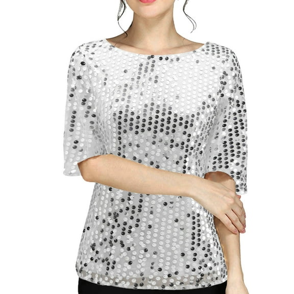 Women Sequin Tee Shirts Summer Solid Sparkle Glitter Short Sleeve Crew Neck Tunic Blouse Dressy Casual Party Club Tops