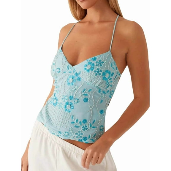 Women Sequin - Top Rhinestone Sparkle Sleeveless V Neck Camisole Open Back Summer Crop Top Party Clubwear Blue S
